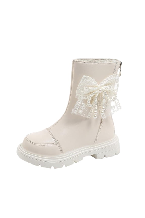 Girl's Cute Bow Leather Zipper Mid Calf Boots Solid Color Riding Boots Fall Winter Shoes