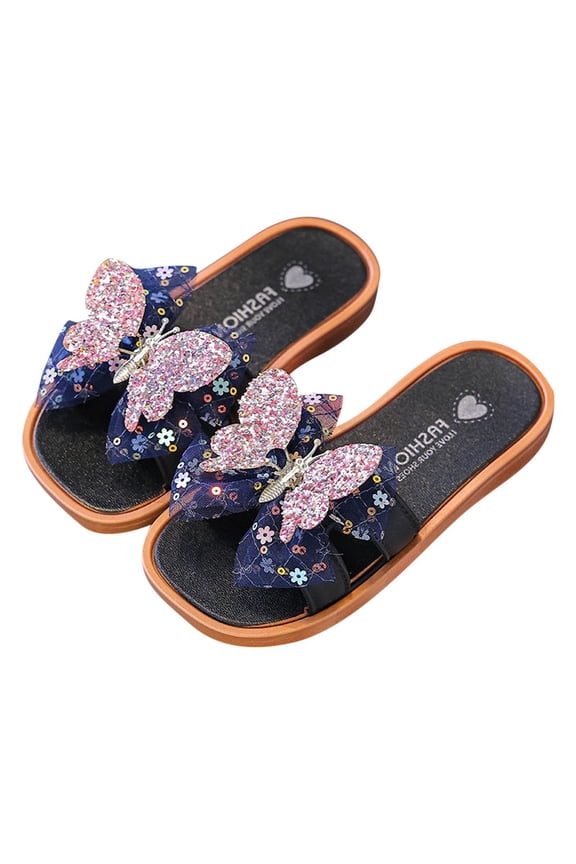 Girl's Sparkly Butterfly Decor Square Toe Transparent Summer Slides Summer Dress Shoes Sandals