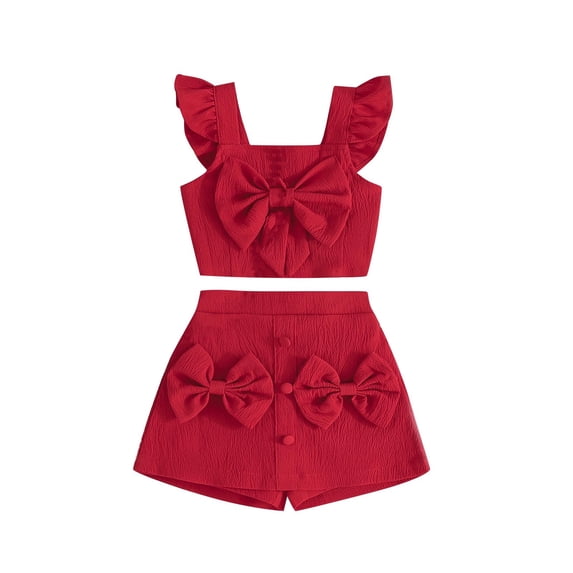 Owordtank Girls 2 Piece Outfits Bow Front Ruffle Sleeve Crop Cami Tops Skorts Shorts Sets Fashion Summer Clothing Sets