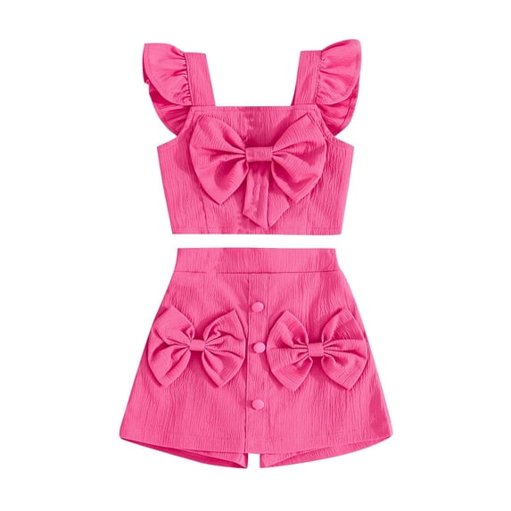 Owordtank Girls 2 Piece Outfits Bow Front Ruffle Sleeve Crop Cami Tops Skorts Shorts Sets Fashion Summer Clothing Sets