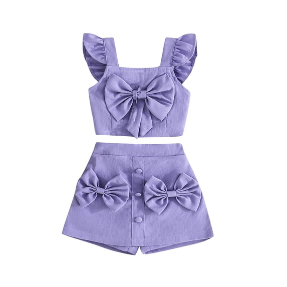Owordtank Girls 2 Piece Outfits Bow Front Ruffle Sleeve Crop Cami Tops Skorts Shorts Sets Fashion Summer Clothing Sets