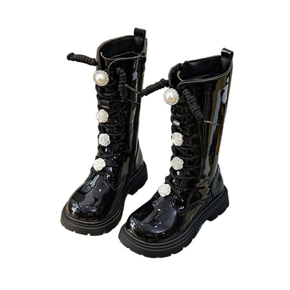 Owordtank Girls Boots Fall Shoes Lace Up Riding Boots Mid Calf Combat Boots Cute Boot Pu Leather Waterproof Fashion Goth Cowboy Goth Side