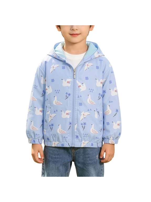 Girls Cartoon Bunny Print Zip Up Hooded Light Wind Jacket Elastic Cuff Casual Outdoor Coat With Side Pockets