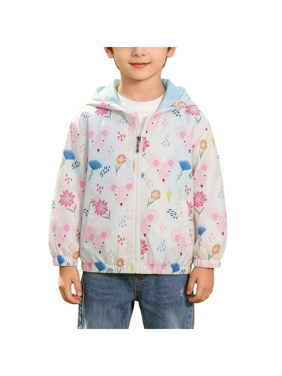 Girls Cartoon Bunny Print Zip Up Hooded Light Wind Jacket Elastic Cuff Casual Outdoor Coat With Side Pockets