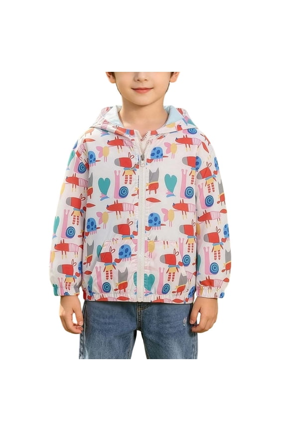 Girls Cartoon Bunny Print Zip Up Hooded Light Wind Jacket Elastic Cuff Casual Outdoor Coat With Side Pockets