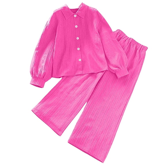 Owordtank Girls Clothing Sets Puff Long Sleeve Buttons Down Shirts Tops and Elastic Waist Baggy Wide Leg Pants