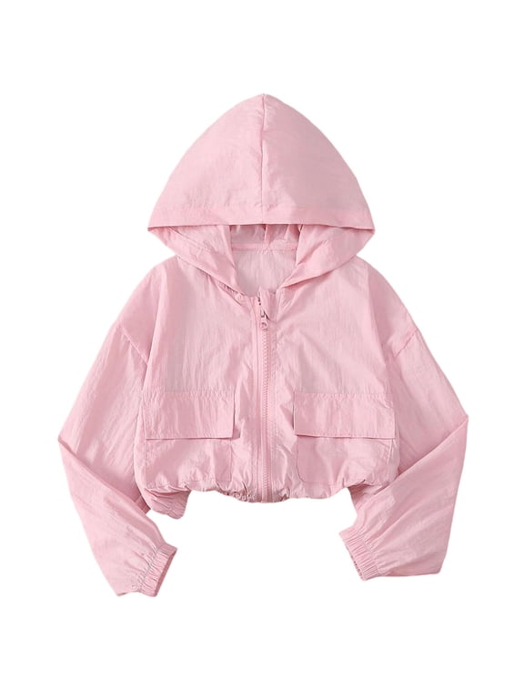 Girls Cropped Hooded Wind Jacket, Zip Front, Big Cargo Pockets Elastic Cuffs Hem Lightweight Kids Outerwear