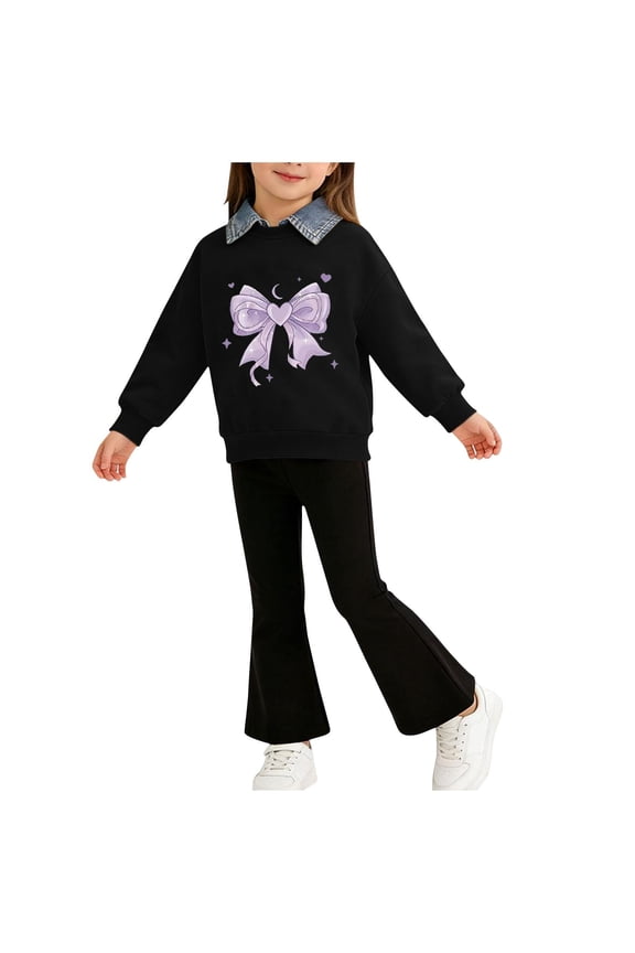Girls’ Denim Patchwork Sweatshirt & Flare Pants Set - Collared Bow Print 2-Piece Outfit for Ages 2-7