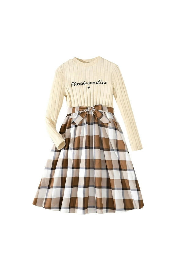 Girls Dresses Long Sleeve Rib Knit Plaid Patchwork Belted Dress with Pockets