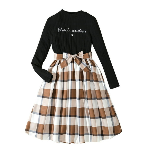 Owordtank Girls Dresses Long Sleeve Rib Knit Plaid Patchwork Belted Dress with Pockets