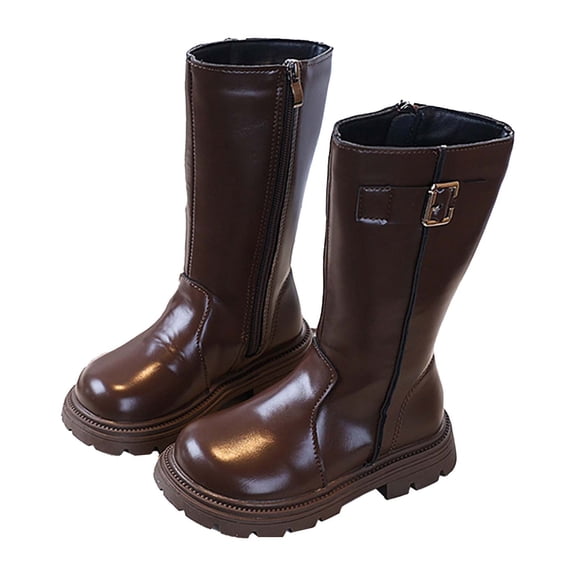 Owordtank Girls Fleece Lined Mid Calf Boots Fall Winter Warm Thick Knee High Boots Fashion Riding Shoes with Zipper