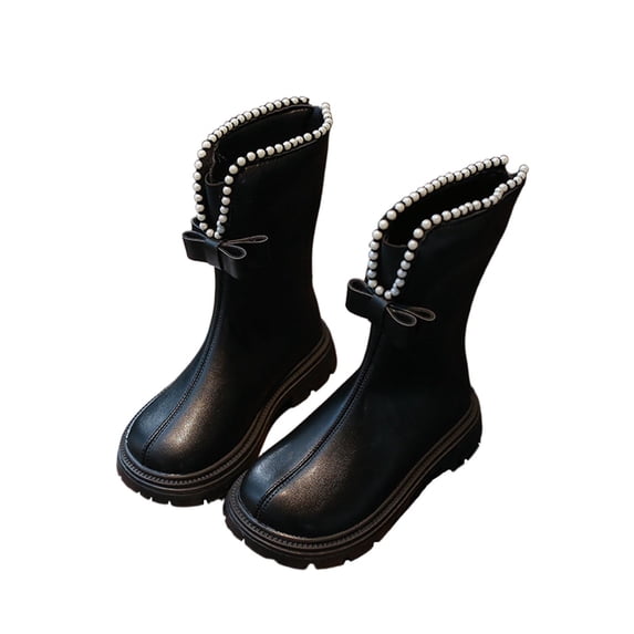 Owordtank Girls Fleece Lined Riding Boots Outdoor Slip Resistant Waterproof Mid Calf Boots with Pearls Decoration