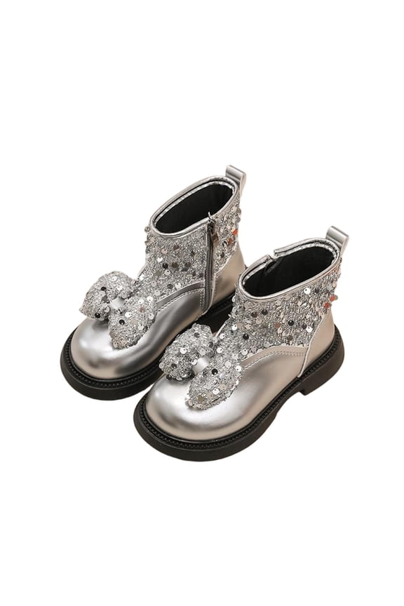 Girls Glitter Ankle Boots with Bows Sequin Booties Side Zipper Boot Lace up Fall Fashion Kids Sparkly Shoes