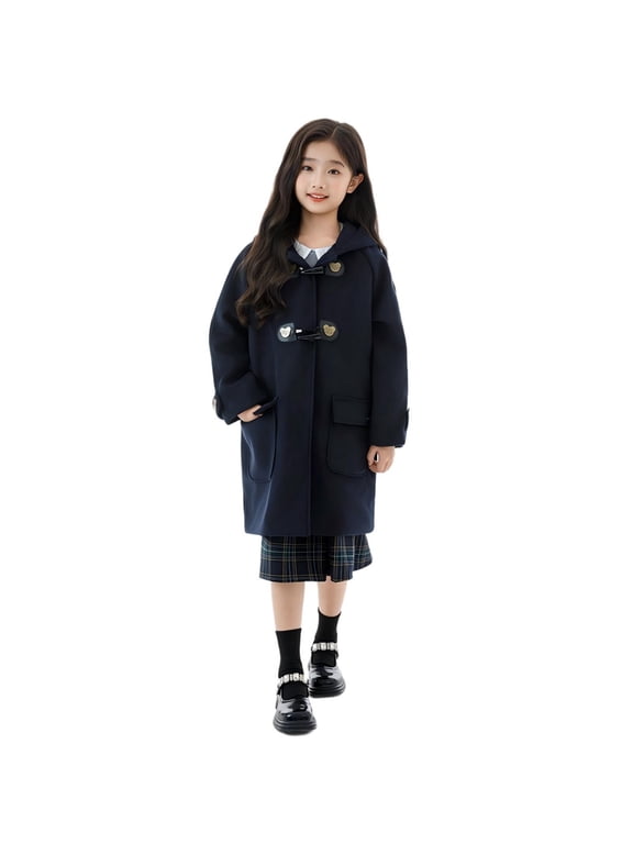 Girls Hooded Duffle Coat Heart Toggle Buttons Big Pocket Mid-Length Wool Blend Warm School Outerwear