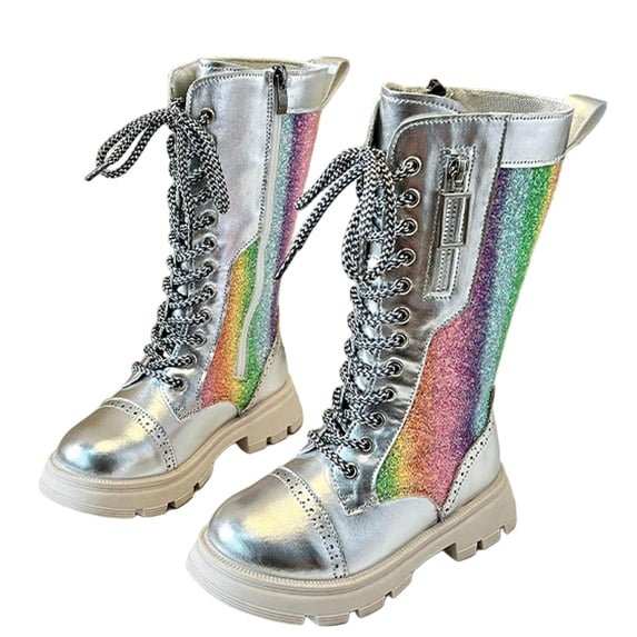 Owordtank Girls Knee High Boots with Side Zipper Lace-up Sparkly Riding Shoes for Kids Party Christmas Holiday