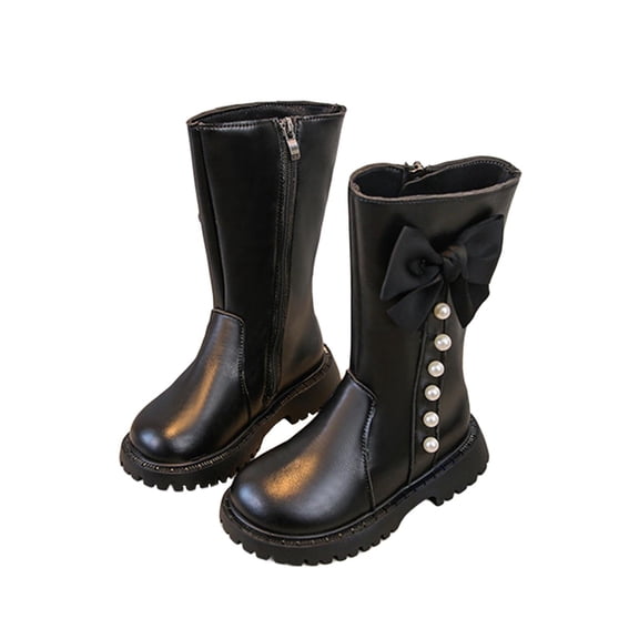 Owordtank Girls' Knee High Riding Boots Cute Bow Riding Boots Non Slip Side Zipper Boots Fur Lined Tall Waterproof Winter Boots
