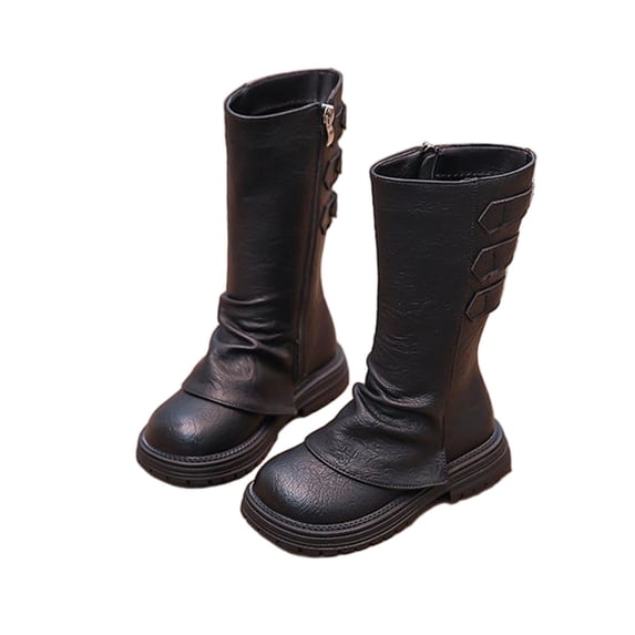 Owordtank Girls Knee Length Boots Mid Calf Riding Boots PU Leather Zipper Punk Goth Boot Fall Winter Bowknot Boot