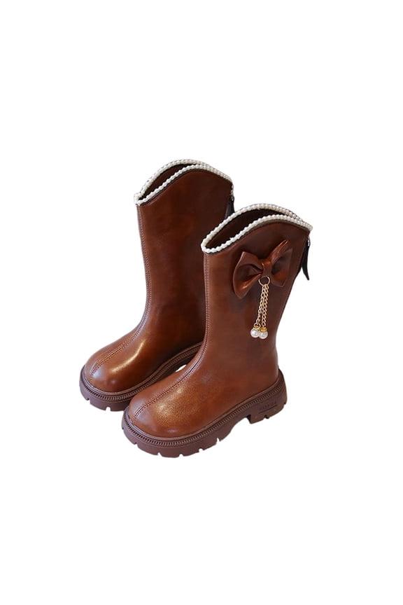 Girls Knee Length Boots Mid Calf Riding Boots PU Leather Zipper Punk Goth Boot Fall Winter Bowknot Boot