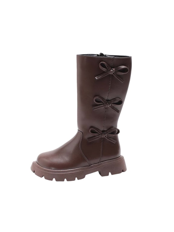 Girls Knee Length Boots Mid Calf Riding Boots PU Leather Zipper Punk Goth Boot Fall Winter Bowknot Boot