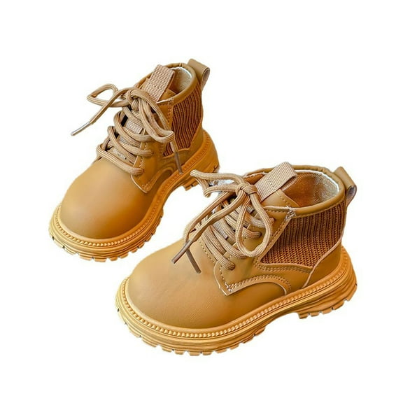 Owordtank Girls Lace Up Ankle Boots PU Leather Short Boots Fashion Non-Slip Booties Winter Lug Sole Low Heels