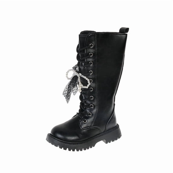 Owordtank Girls Lace Up Boots Mid Calf Riding Long Boots PU Leather Side Zipper Goth Boot Non Slip