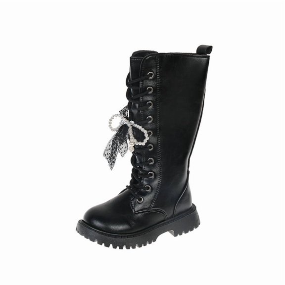 Owordtank Girls Lace Up Combat Boots Mid Calf Riding Long Boots PU Leather Side Zipper Goth Boot Non Slip