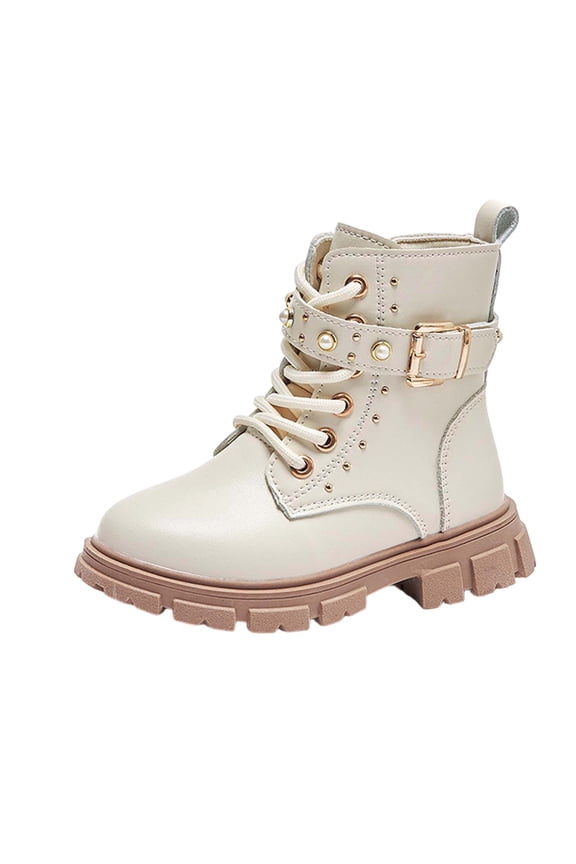 Girls Lace Up Riding Boots Mid Calf Boots PU Leather Side Zipper Punk Goth Boot Non Slip Girls White Booties