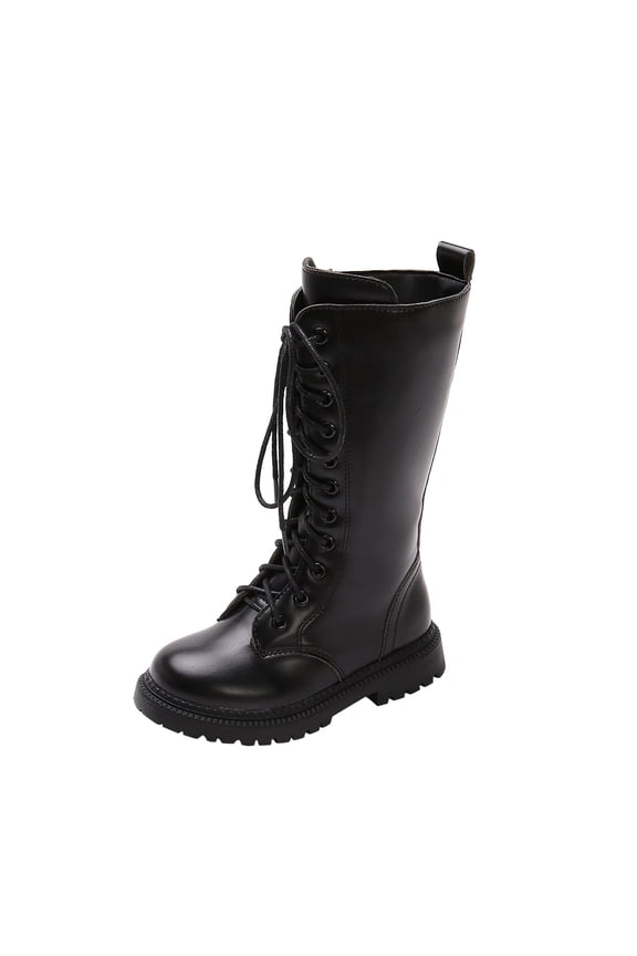Girls Lace Up Riding Boots Mid Calf Boots PU Leather Side Zipper Punk Goth Boot