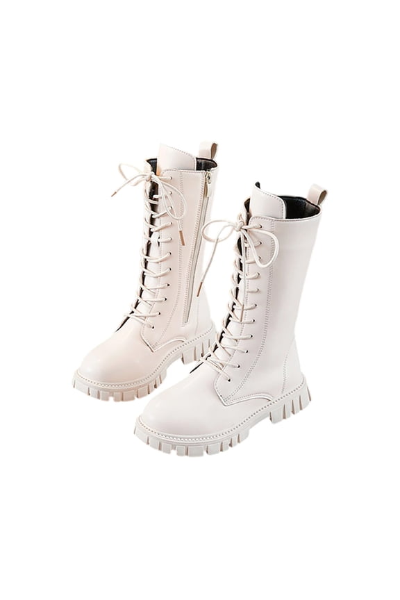 Girls Lace Up Riding Boots Mid Calf Boots PU Leather Side Zipper Punk Goth Boot