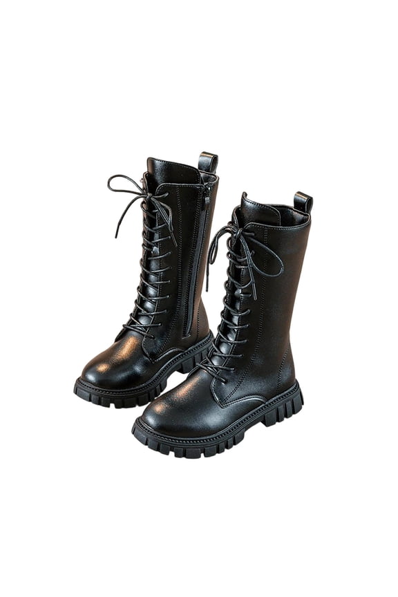 Girls Lace Up Riding Boots Mid Calf Boots PU Leather Side Zipper Punk Goth Boot