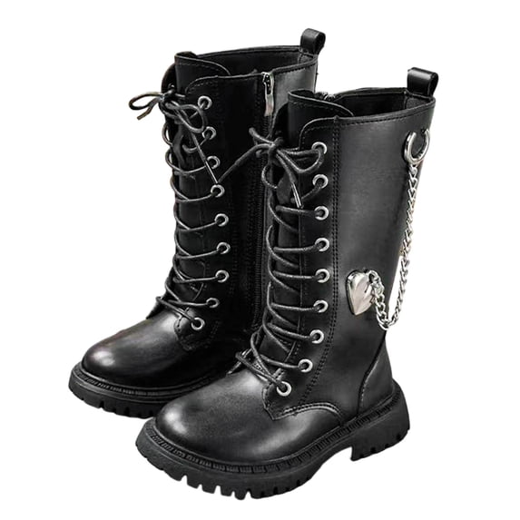 Owordtank Girls Leather Riding Knee High Boots with Side Zipper Round Toe Comfortable Low Heel Lace Up Boots Little Kid/Big Kid