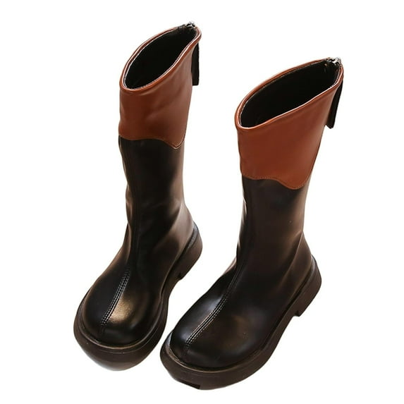 Owordtank Girls Mid Calf Boot Fall Winter Warm Lining High Shoes Color Block Leather Long Boots for Toddler Little Big Kids