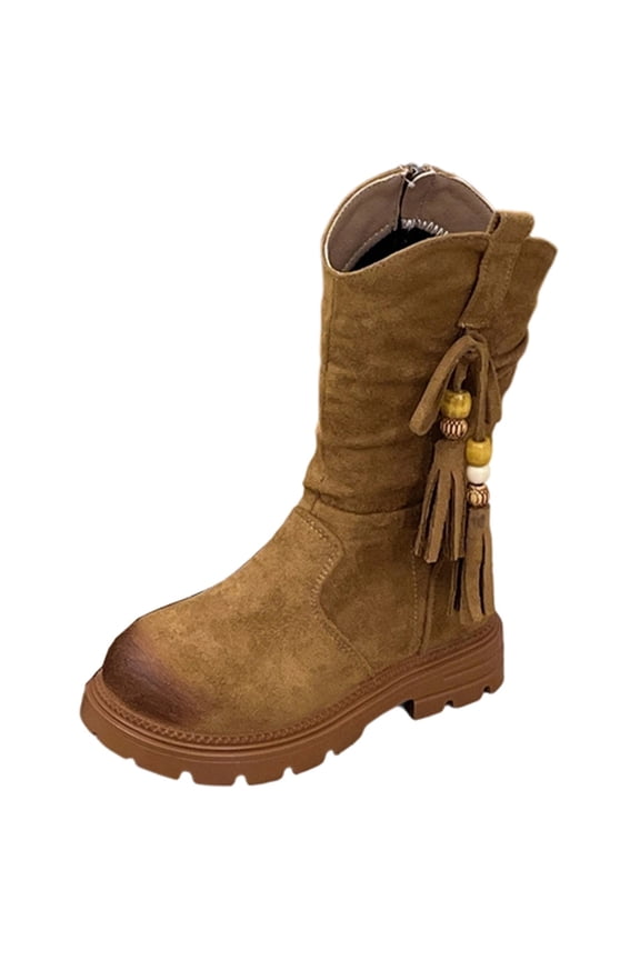 Girls Mid-Calf Boots Fashion Faux Suede Fringe Boots Side Zipper Fall Winter Soft Sole Weatern Riding Boots