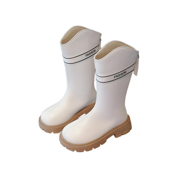 Owordtank Girls Mid Calf Boots Side Zipper Boots Faux Leather Motorcycle Riding Boot Lug Sole Low Heel Shoes