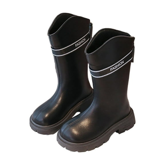 Owordtank Girls Mid Calf Boots Side Zipper Boots Faux Leather Motorcycle Riding Boot Lug Sole Low Heel Shoes