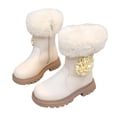 thumbnail image 1 of Owordtank Girls PU Leather Fuzzy Riding Boots, Winter Thicken Warm Dress School Shoes Slip Resistant Waterproof Boots, 1 of 4