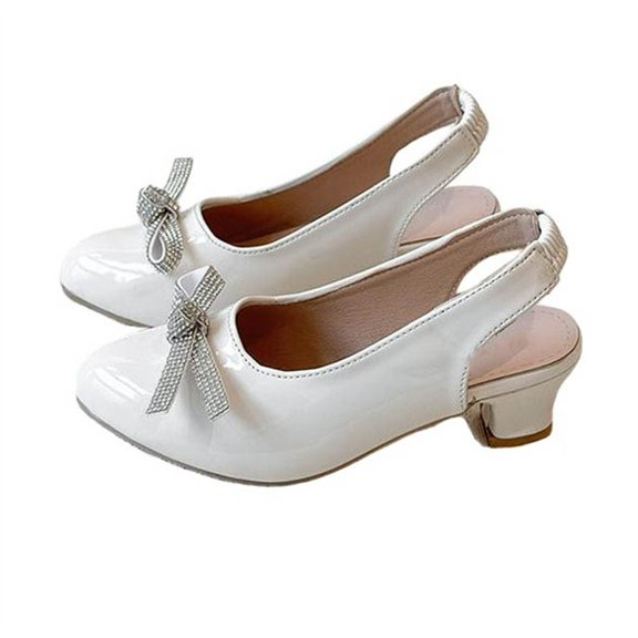 Owordtank Girls Pointed Toe Crystal Pump Rhinestone Bow Block Low Heel Slip On Comfy Shoes