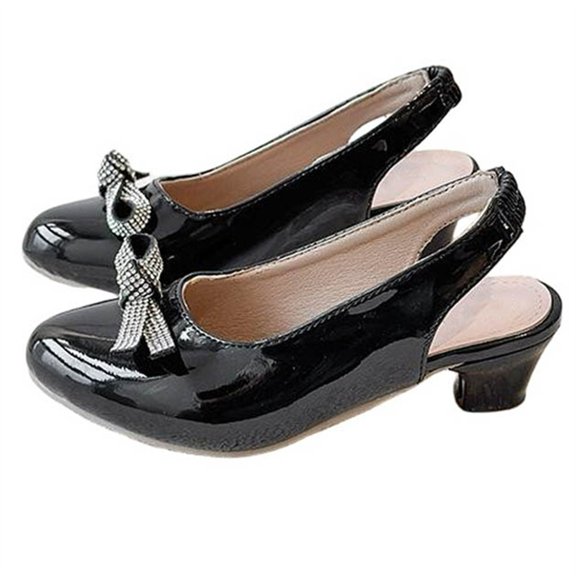 Owordtank Girls Pointed Toe Crystal Pump Rhinestone Bow Block Low Heel Slip On Comfy Shoes