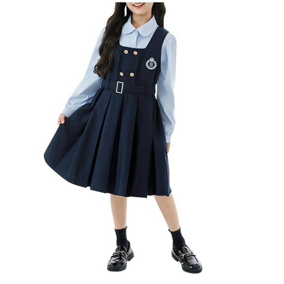 Owordtank Girls Preppy Style Pleated Jumper Dress with Long Sleeve Lapel Shirt Cute School Uniform Outfits for 5-14 Years