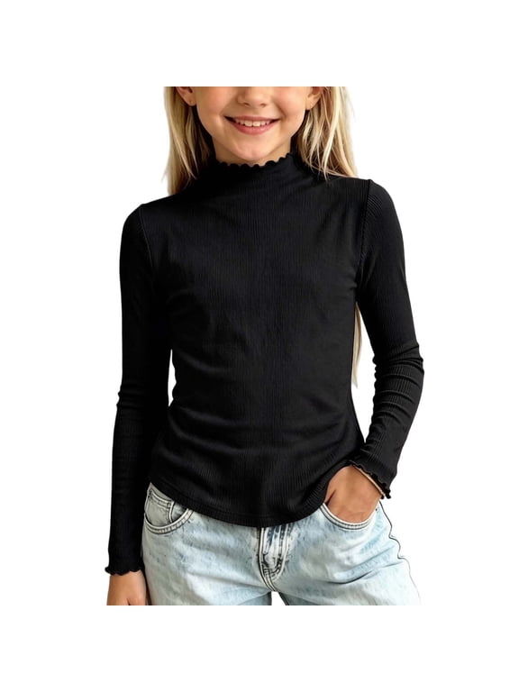 Girls Ribbed Long Sleeve Half Turtleneck Top With Ruffled Neckline And Cuffs