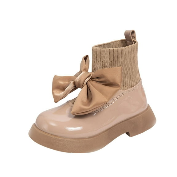 Owordtank Girls Shiny Leather Boots Bow-Knot Knitted Socks Ankle Short Campus Shoes for Kids Outdoor Walking Dress Shoes
