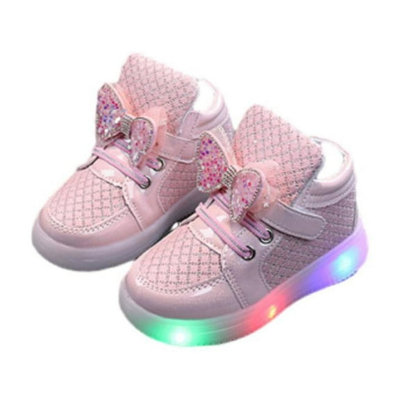 Owordtank Girls Shoes Light-Up Sneakers Kid Cute Bow High Top Shoes with Hook and Loop Comfort Outdoor Sport Walking School Soft Shoe