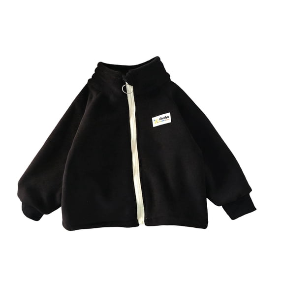 Owordtank Girls Stand Collar O-Ring Zip Up Fleece Jacket With Chest Label Patch Ribbed Cuffs