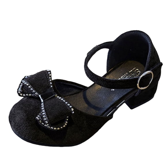 Owordtank Girls Suede Shoes with Bowknot Ankle Strap Flats Mary Jane Style Chunky Heel Uniform School Party Flats Holiday Daily