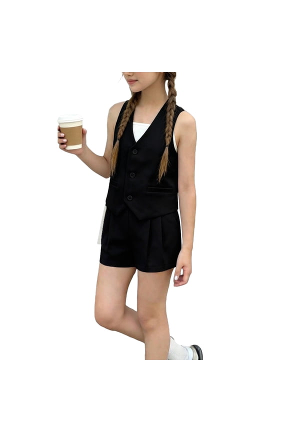 Girls Summer 2 Piece Outfits Sleeveless Matching Sets Button Down V Neck Vest Waistcoat and Pockets Shorts