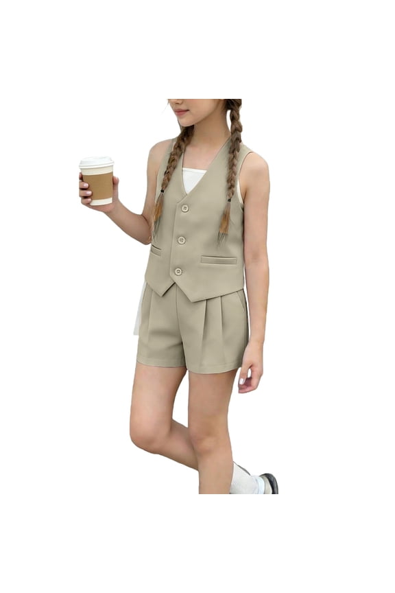 Girls Summer 2 Piece Outfits Sleeveless Matching Sets Button Down V Neck Vest Waistcoat and Pockets Shorts
