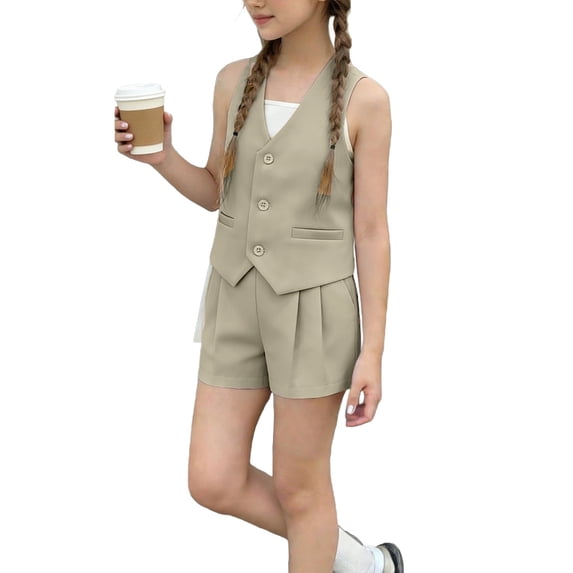 Owordtank Girls Summer 2 Piece Outfits Sleeveless Matching Sets Button Down V Neck Vest Waistcoat and Pockets Shorts