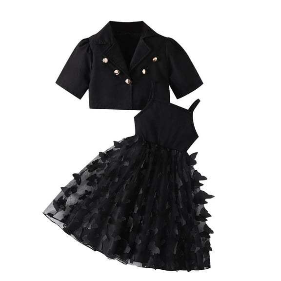 Owordtank Girls Summer Ouftits Cute Sleeveless Butterfly Dress and Short Suit Jacket Two Piece Clothing Sets Party Skirt Suits