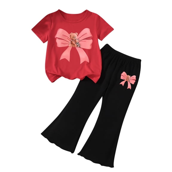 Owordtank Girls Summer Outfit 2-Piece Set: Cute Crop Top with Bowknot & Flare Pants, Elegant Ruched Tops & Bottoms for Toddlers, Seasonal Casual Wear
