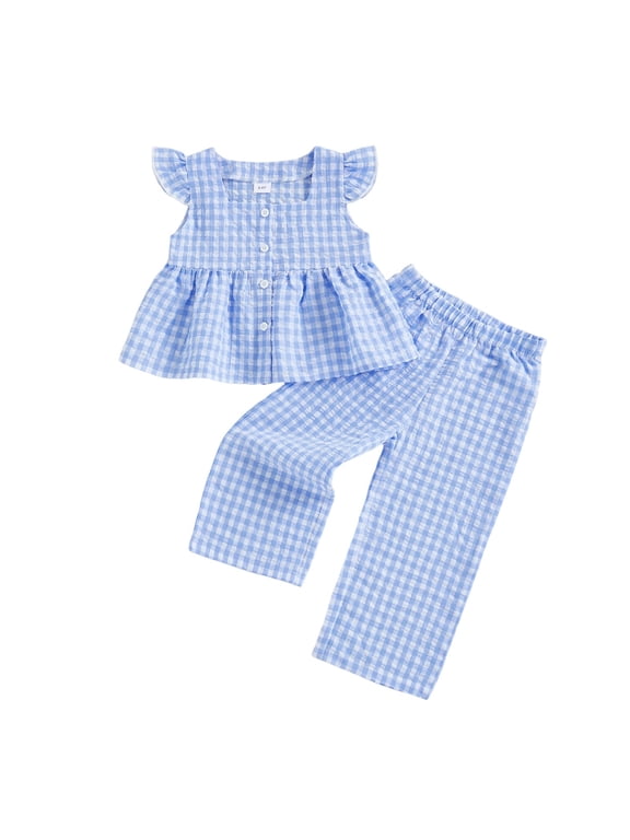 Girls Summer Outfits Ruffle Sleeve Button Up Dress Tops Plaid Linen Pants Spring Toddler Girl Clothes